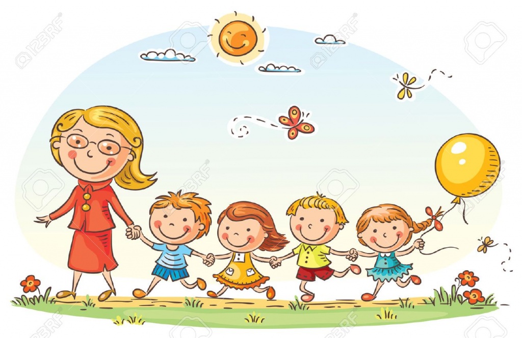 36673561 cartoon kids and their teacher on a walk in the kindergarten
